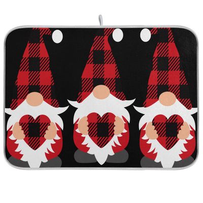 Three Buffalo Plaid Gnomes Kitchen Dish Drying Mat, 18 x 24 in