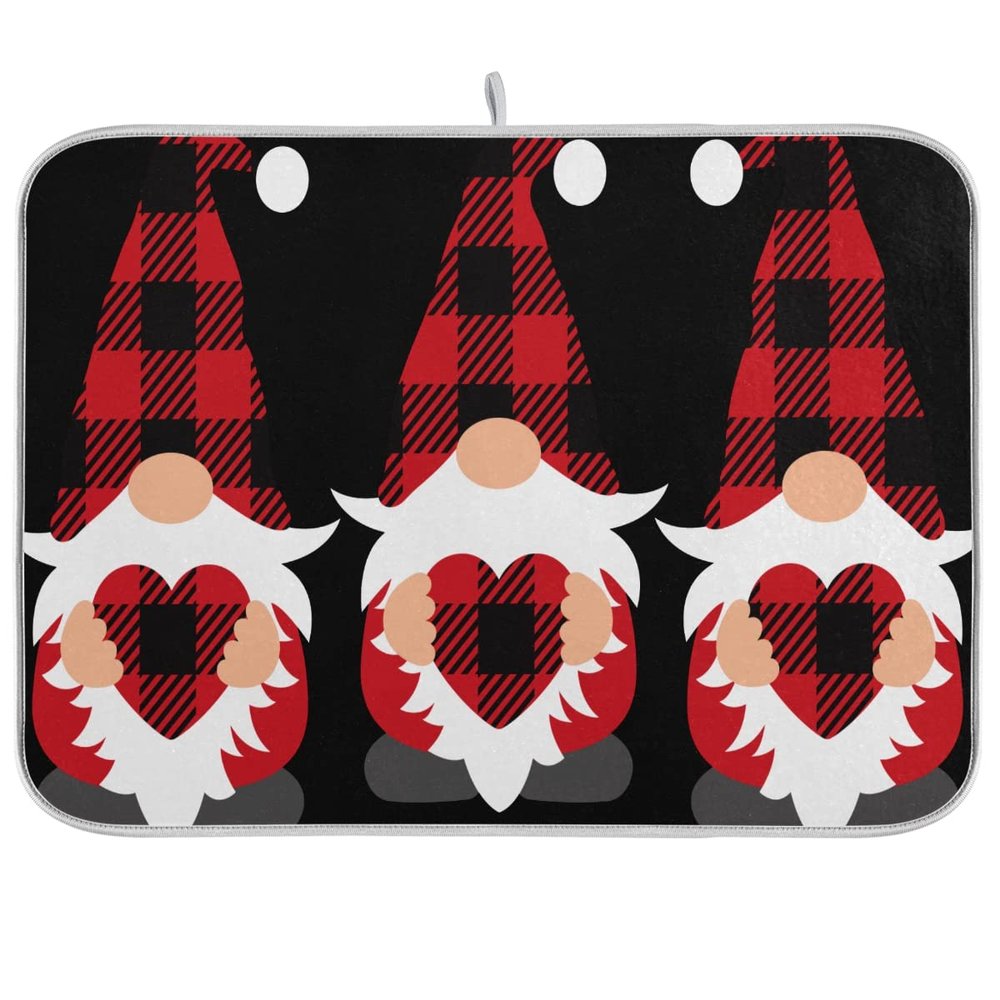 Three Buffalo Plaid Gnomes Kitchen Dish Drying Mat, 18 x 24 in