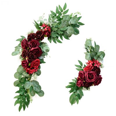 HLTER Wedding Arch Flower Set, 2-Piece, Artificial Wine-Red Roses with Green Leaves