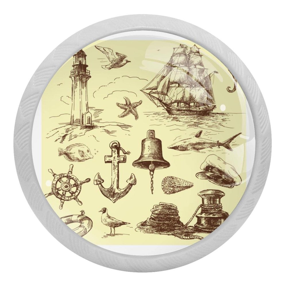 Drawer Knobs, Vintage Nautical Design, Lighthouse, Sailboat, Anchor Wheel, Crystal Glass, Ergonomic, 30 mm, Glow-in-the-Dark, for Kitchen, Dresser, Cabinet, Wardrobe, 4-Pack
