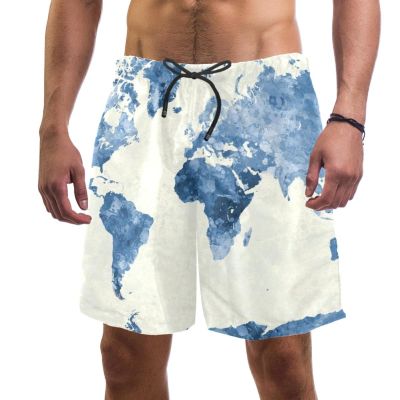 GORDESC Watercolor Blue Men's Swim Trunks with World Map, Quick-Drying, Pockets/Mesh Lining, Multicolor, S 7-9