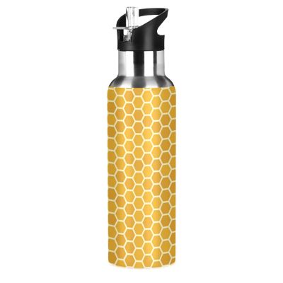 Yellow Honeycomb Water Bottle with Straw Lid, Leakproof Insulated Stainless Steel, 600 mL