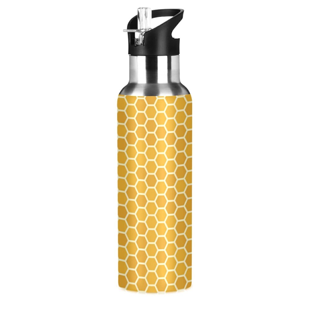 Yellow Honeycomb Water Bottle with Straw Lid, Leakproof Insulated Stainless Steel, 600 mL