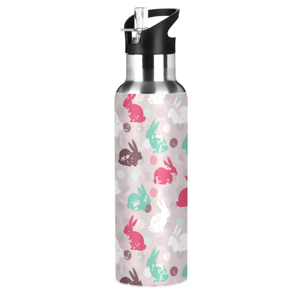Se Hasenwald Animals Rabbit Water Bottle with Straw Lid, Leakproof Insulated Stainless Steel, 600 mL