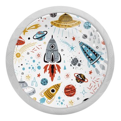 White Round Cabinet Knobs, 4-Pack, Rocket Planet Design