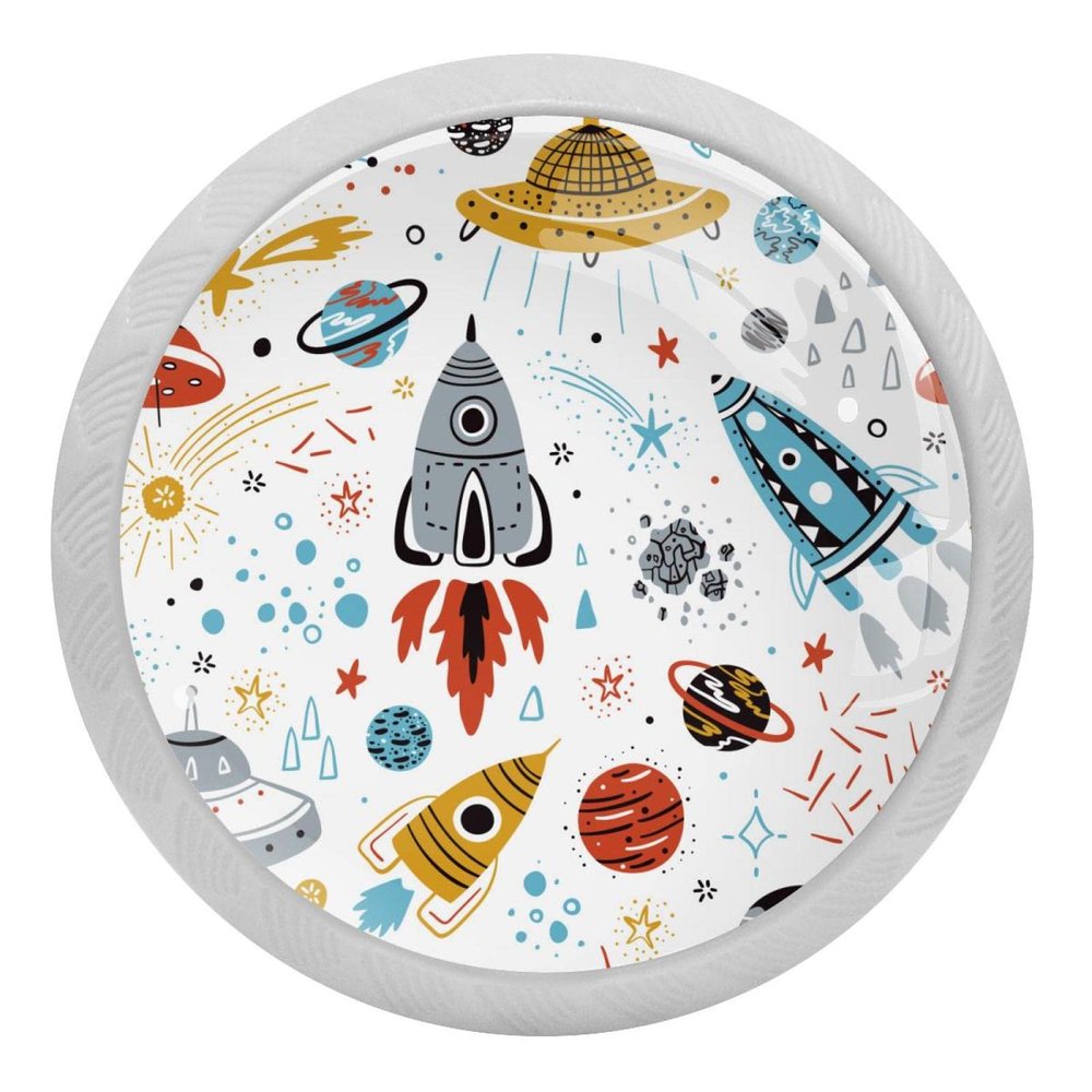 White Round Cabinet Knobs, 4-Pack, Rocket Planet Design