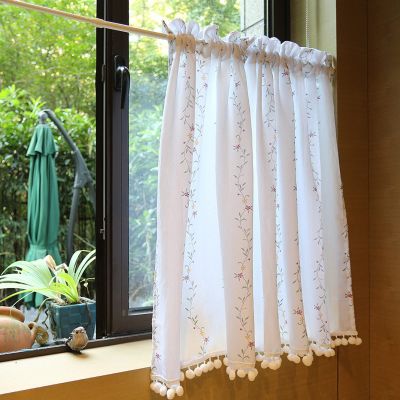 A.Monamour White Cotton Botanical Embroidered Café Curtain