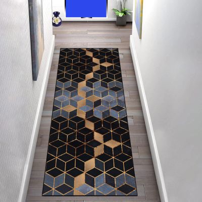 Nonslip Geometric Black and Gray Diamond Runner Rug for Hallway, 80 × 500 cm