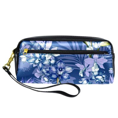 Anthracite Floral Pencil Case, PU Leather with Zipper