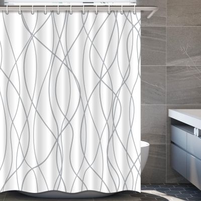 Punkray Gray-White Striped Fabric Shower Curtain with 12 Hooks