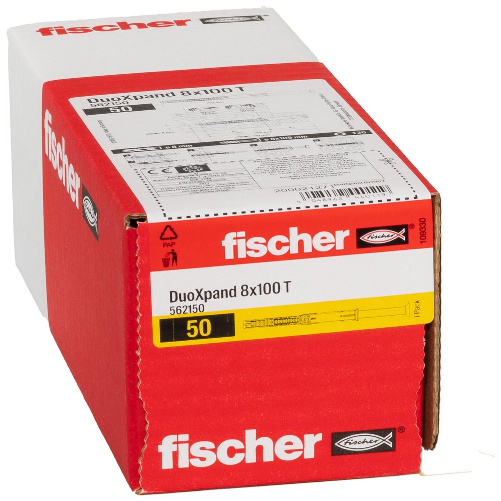 fischer DuoXpand 8 x 100 T Universal Wall Plug with Zinc-Plated Countersunk Screw, 50-Pack