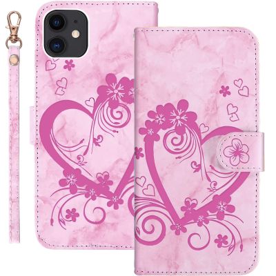 Bartern Wallet Case for Apple iPhone 12 mini, Heart & Flowers, Pink