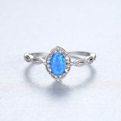 LOKILOKI Vintage Blue/White Fire Opal Rings for Women, 925 Sterling Silver