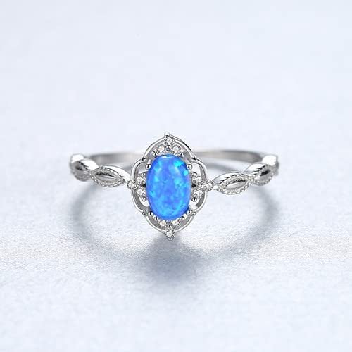 LOKILOKI Vintage Blue/White Fire Opal Rings for Women, 925 Sterling Silver