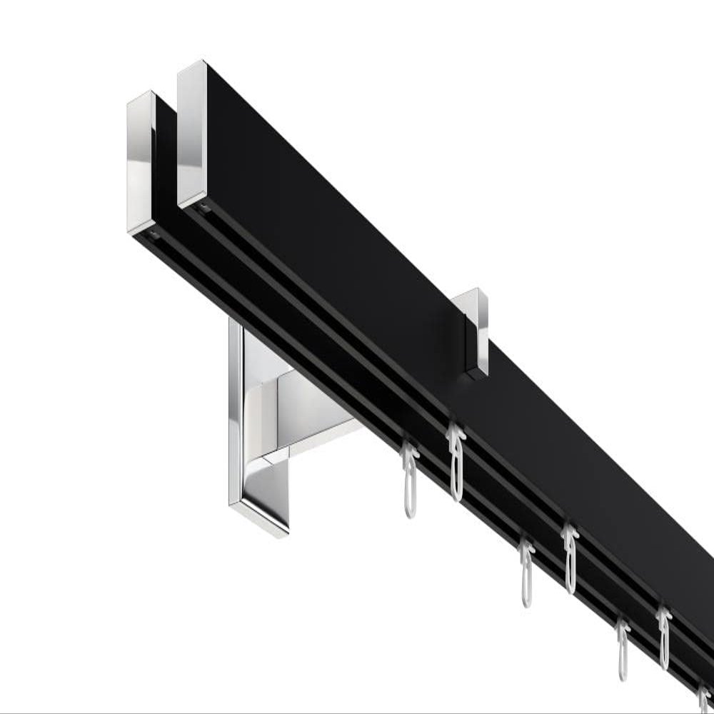 DcoProfi Double-Track Inside-Run Curtain Rod Set, Long, Rectangular, Black/Chrome, 200 cm