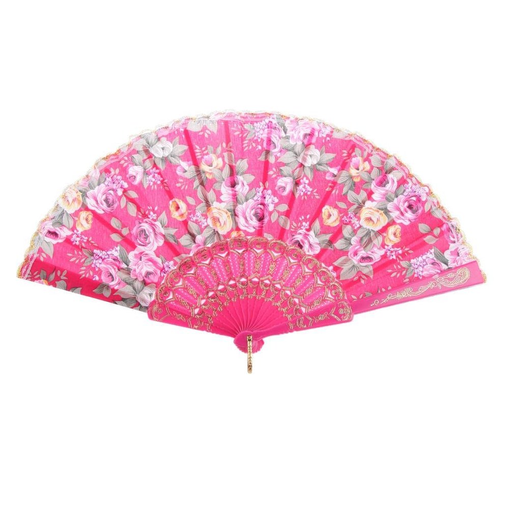 Tiuimk Japanese Folding Fan with Oriental Flowers, Rose Red