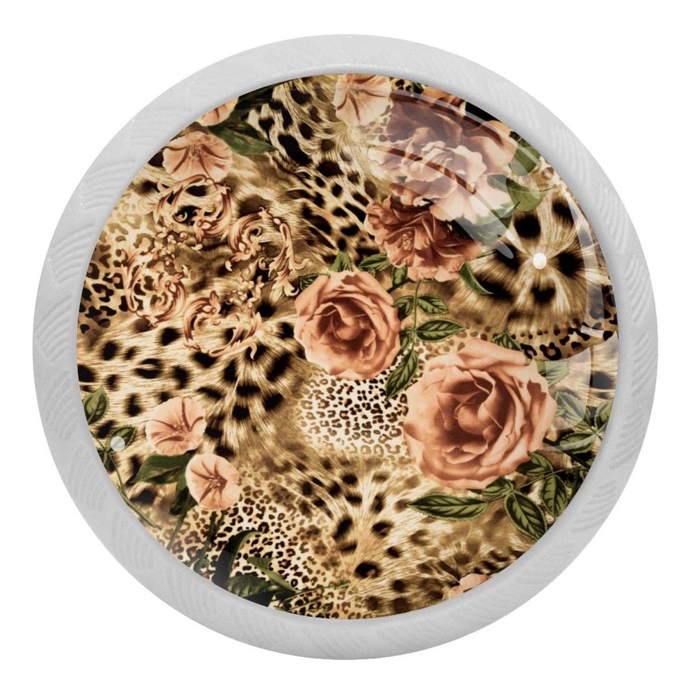 Round Glow-in-the-Dark Cabinet Knobs for Kitchen Cabinets, Leopard and Rose Pattern, 4-Pack