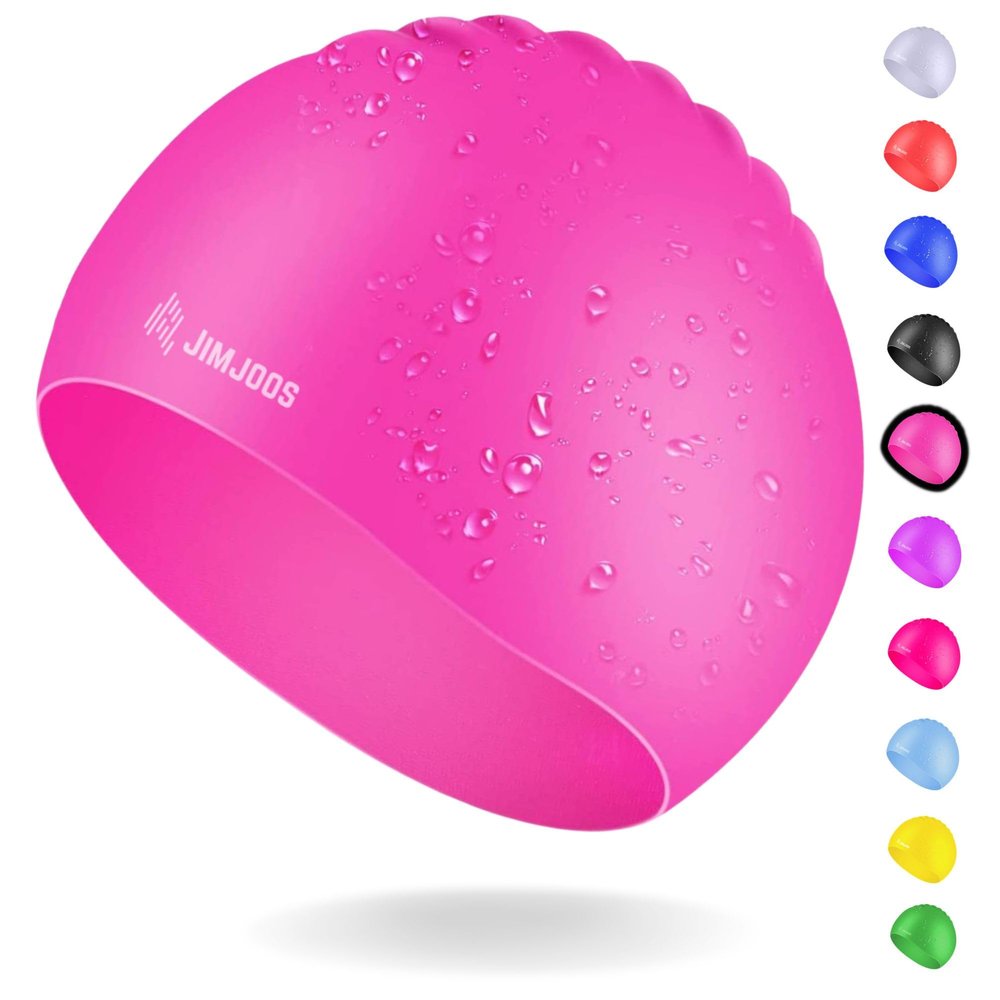 JIMJOOS Kids' Swim Cap, Ages 3–14, Silicone, Non-Slip, Stretchable and Waterproof, with Storage Pouch (Pink, Ages 3–8)