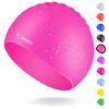 JIMJOOS Kids' Swim Cap, Ages 3–14, Silicone, Non-Slip, Stretchable and Waterproof, with Storage Pouch (Pink, Ages 3–8) view 1