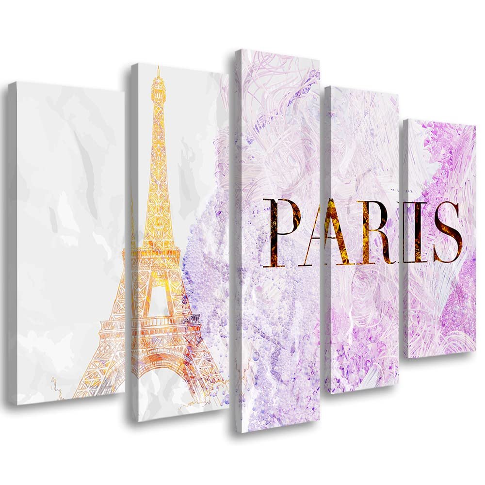 Feeby 5-Piece Canvas Wall Art 100 x 70 cm, Paris Eiffel Tower Illustration in Pink