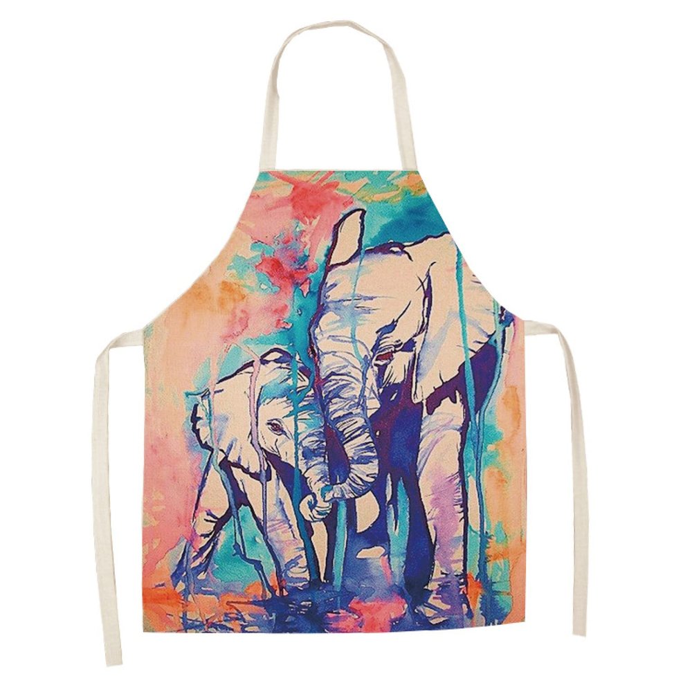 LNXSESN Cotton Linen Kitchen Apron, Red and Blue Elephant
