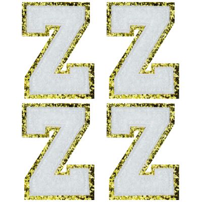 Jongdari Chenille Letter Patches, Iron-On, 4 English Letter Z Appliques with Gold Glitter Border, White Z