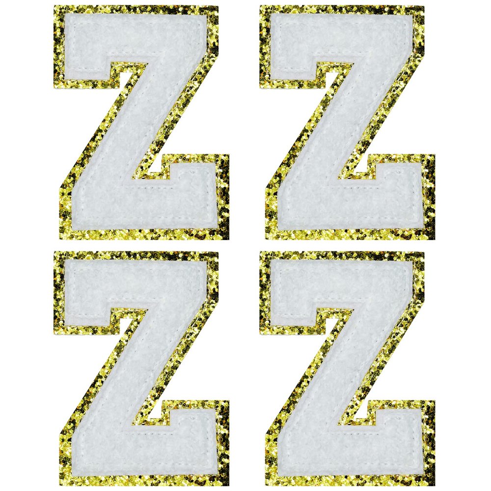 Jongdari Chenille Letter Patches, Iron-On, 4 English Letter Z Appliques with Gold Glitter Border, White Z