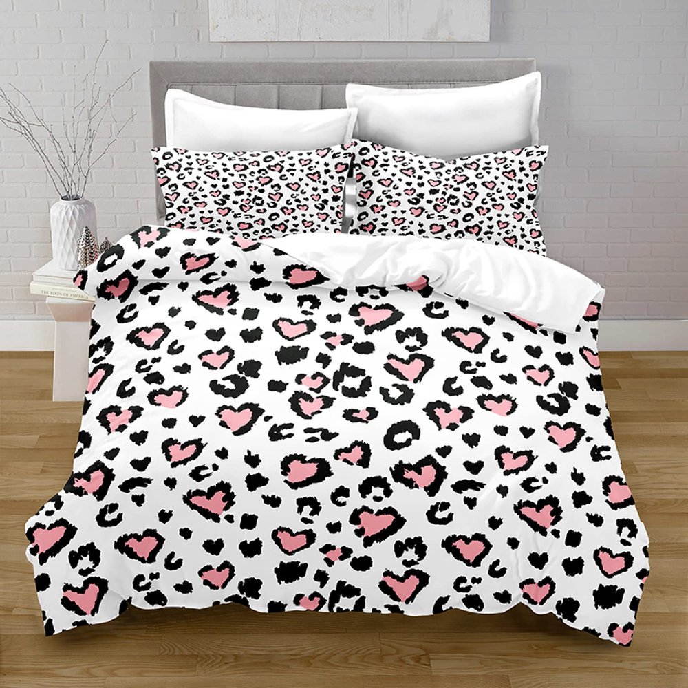 LSYW Pink Leopard Bedding Set, 155 x 220 cm, Zipper Duvet Cover with 2 Pillowcases