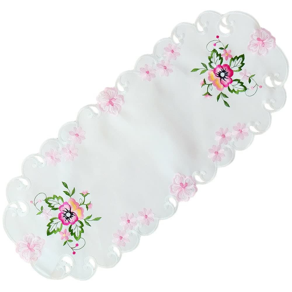 matches21 HOME & HOBBY Elke Oval Table Runner 30 x 70 cm with Elegant Pink Pansy Embroidery and Cutwork, Polyester