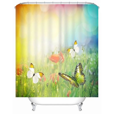 Banemi Extra-Long Shower Curtain, Colorful Butterflies in Grass, 180 x 200 cm, for Corner Showers