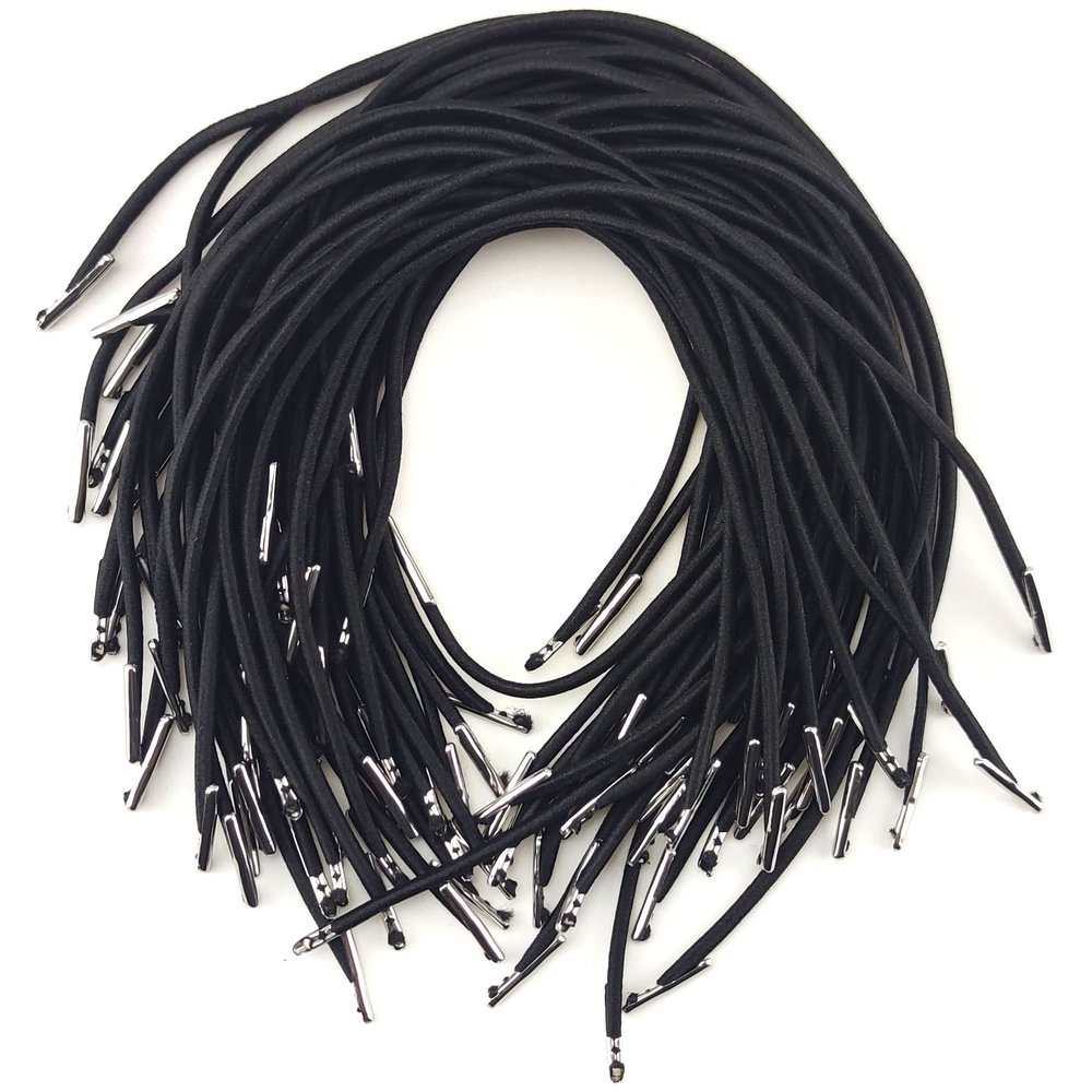 50 Black Elastic Hook Cords, 25 cm, with Metal Ends
