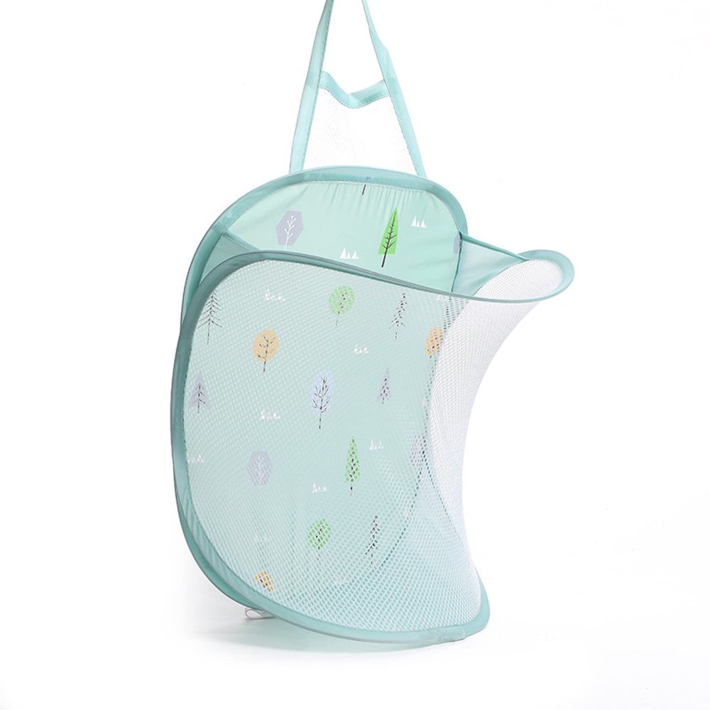 Large Foldable Mesh Laundry Basket and Washing Bag, Portable Storage Hamper, Green Tree
