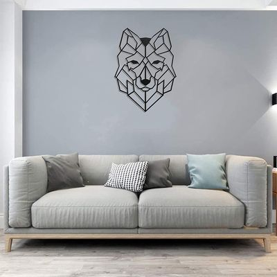 Geometric Metal Wolf Head Wall Art, Matte Black