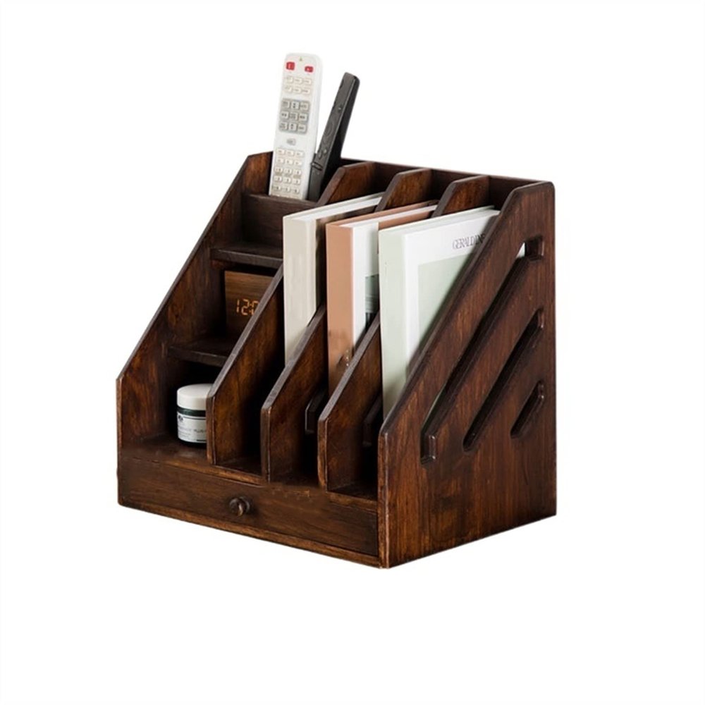FURUIWUFENG Wooden Bookends, Desktop Storage Organizer, File Rack, Magazine and Newspaper Holder
