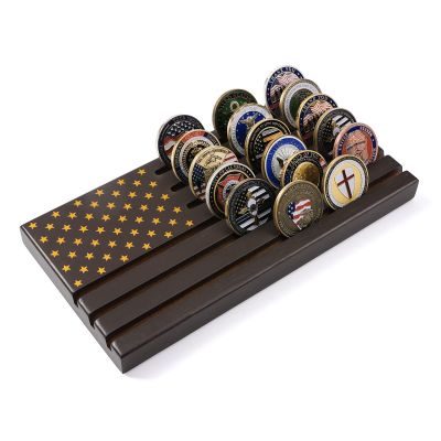 PiaoHao American Flag Coin Holder, 6 Rows, Military Challenge Coin Display, Holds 30–36 Coins, Natural Solid Wood