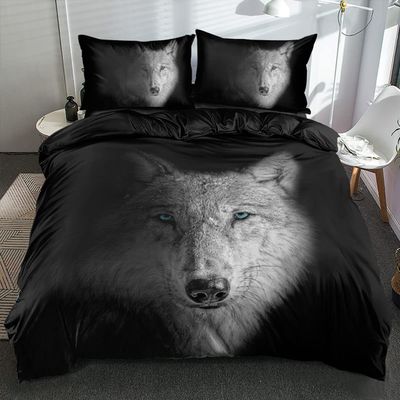 Gezu Wolf Bedding Set 220 x 240 cm, Gray and Black, Reversible 3D-Printed Microfiber Duvet Cover with 2 Pillowcases