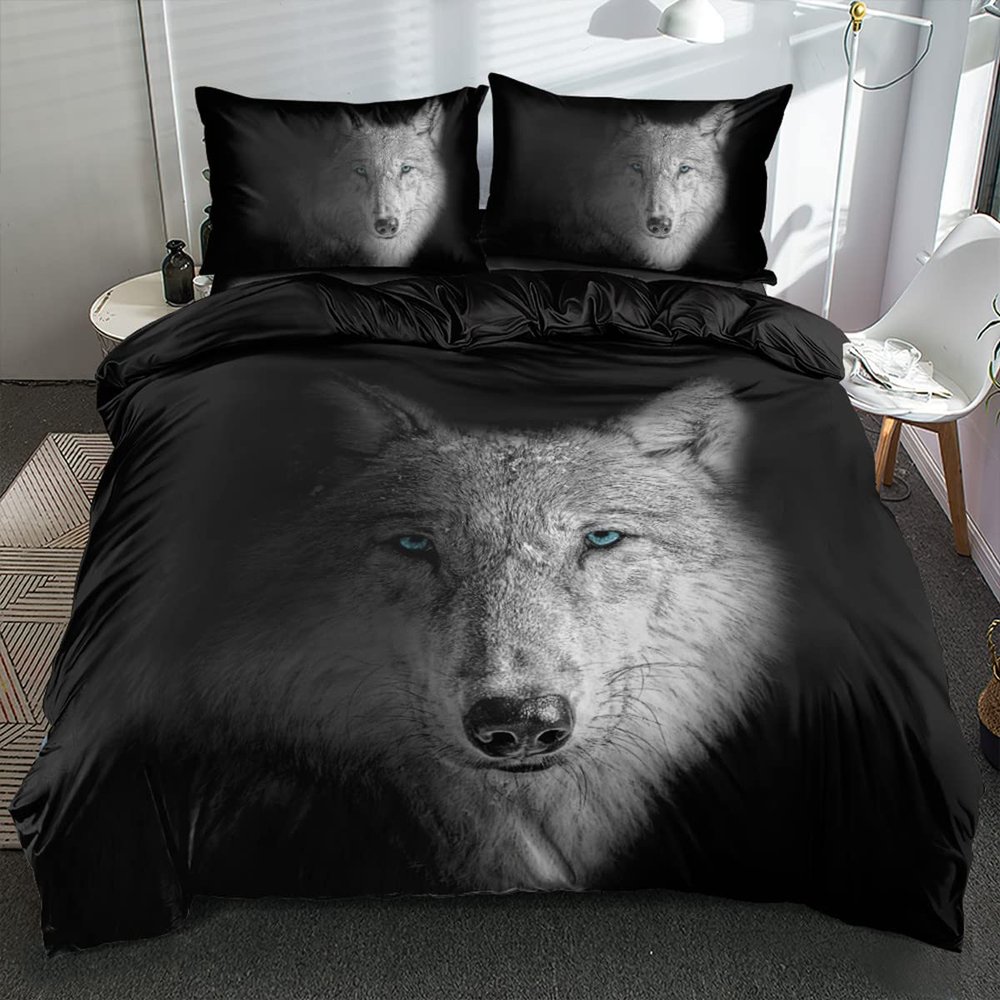 Gezu Wolf Bedding Set 220 x 240 cm, Gray and Black, Reversible 3D-Printed Microfiber Duvet Cover with 2 Pillowcases