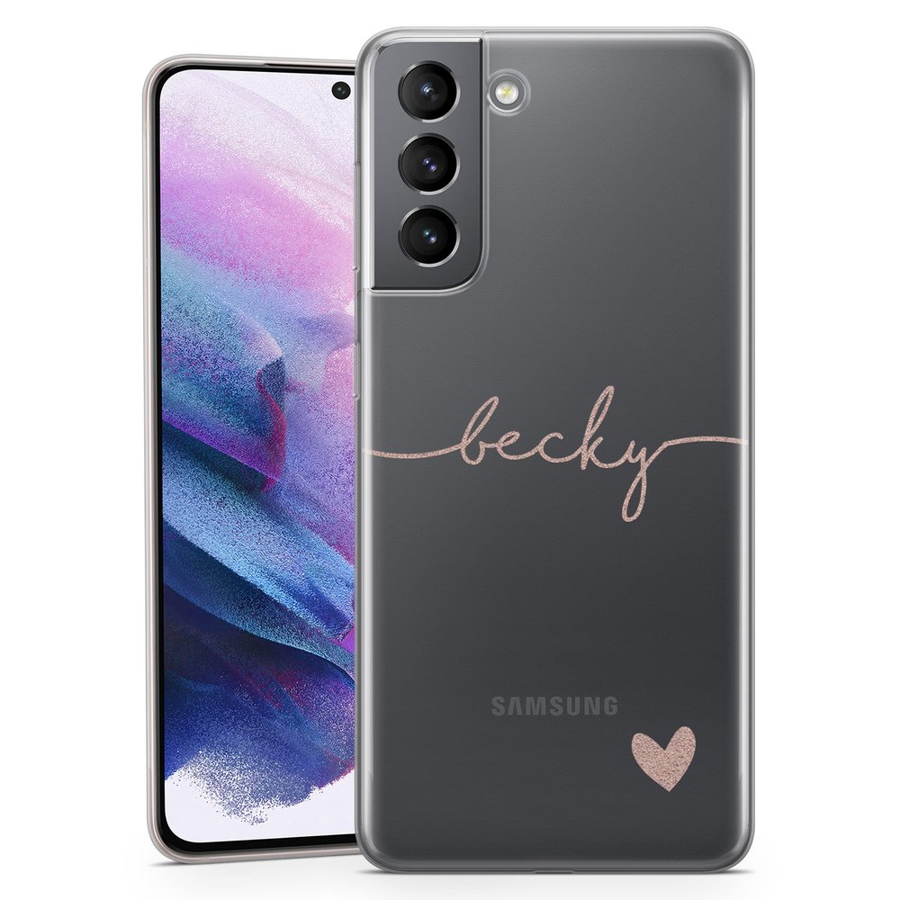 TULLUN Personalized Phone Case for Samsung Galaxy S22 Plus 5G – Clear Soft Gel, Rose Gold Name & Heart