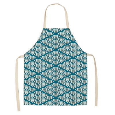 Aquamarine Beige Geometric Cooking Apron, Cotton and Linen, Adjustable, 55 x 68 cm