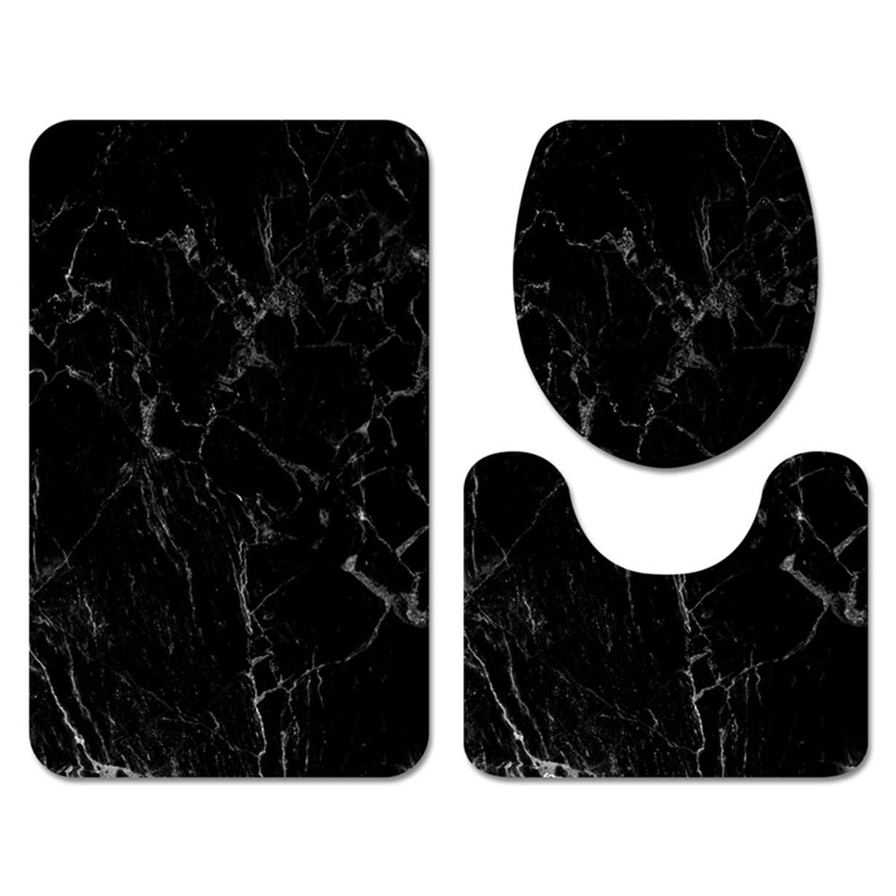 3-Piece Anti-Slip Memory Foam Bathroom Rug Set, 3D Marble Pattern, Black, 40 × 60 cm