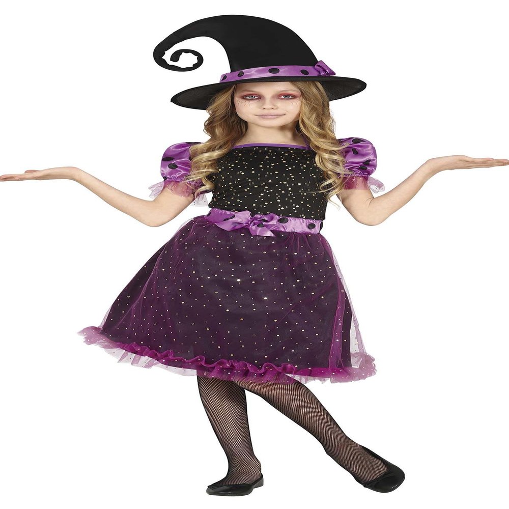 FIESTAS GUIRCA Shiny Purple Witch Costume with Rhinestone Dress and Hat for Girls Ages 5–6