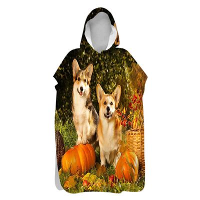 Surwin Surf Poncho Towel with Hood, Animal Print, Unisex, Quick-Dry Microfiber, Corgi, 80 x 145 cm