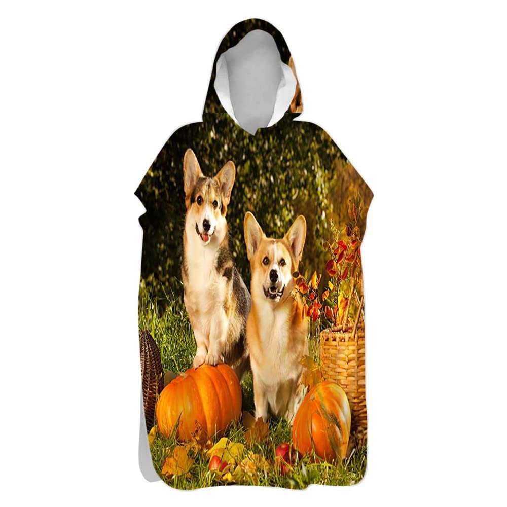 Surwin Surf Poncho Towel with Hood, Animal Print, Unisex, Quick-Dry Microfiber, Corgi, 80 x 145 cm