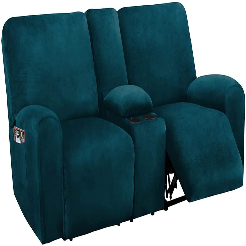 PANJAZE 8-Piece Stretch Velvet Recliner Loveseat Covers with Center Console for 2-Cushion Sofa, Thick, Soft, Washable, Deep Teal