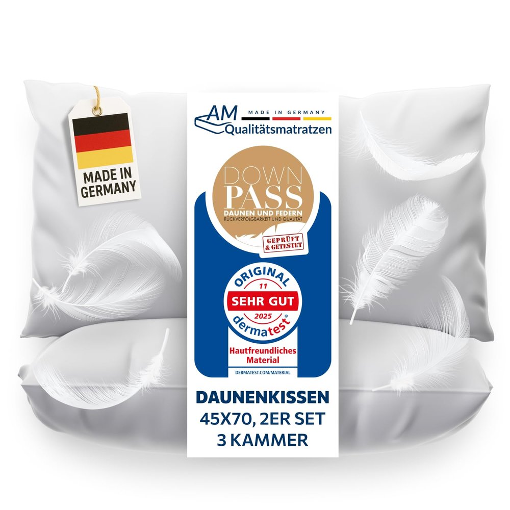 DormiGood Down Pillow 40x80 cm, Made in Germany, 3-Chamber Pillow, 2-Pack