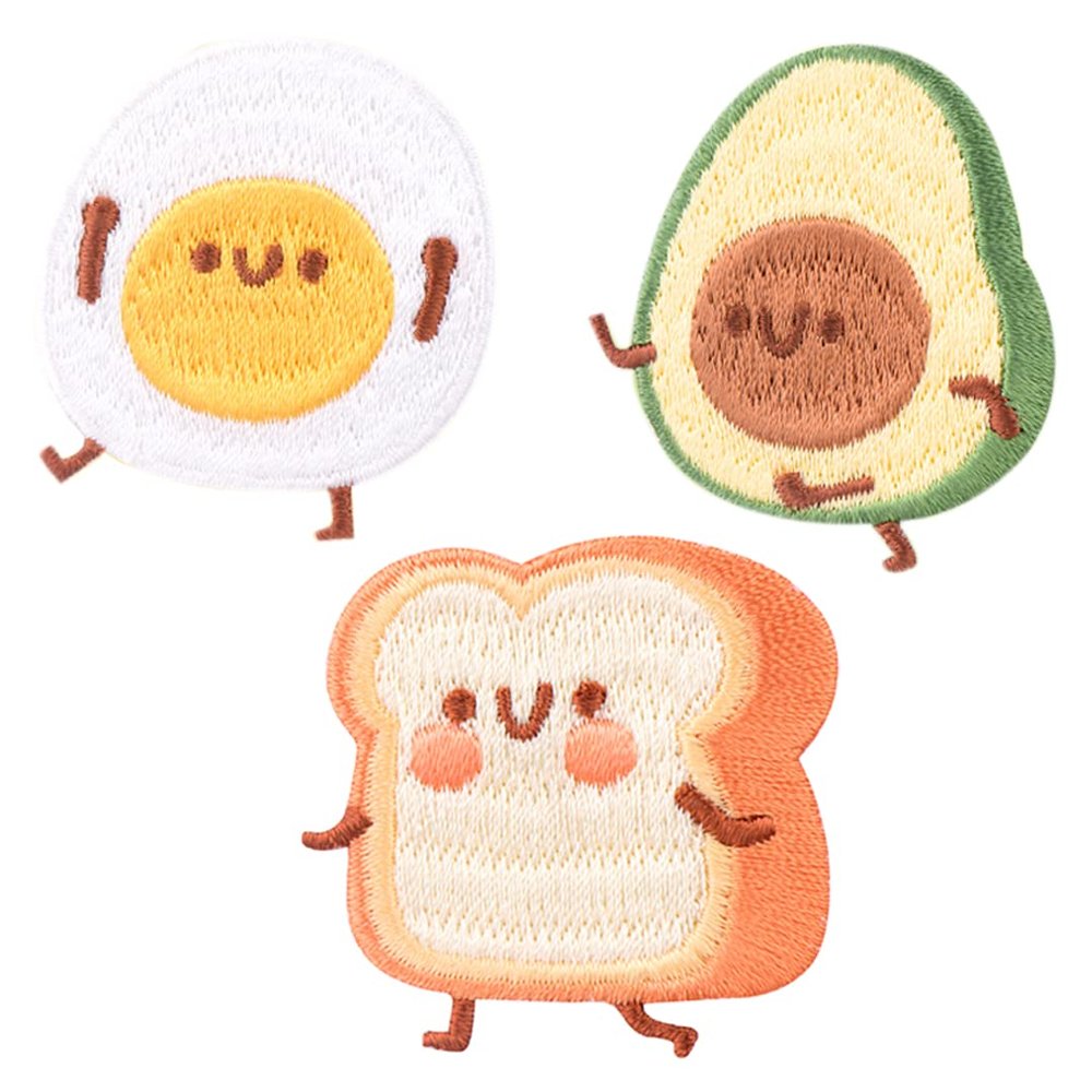 Self-Adhesive Cartoon Food Patches, 3 Pieces, Embroidered Avocado and Kawaii Bread Designs