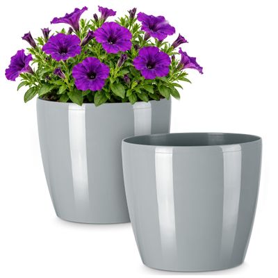 PECZEKO Glossy Flower Pots - Decorative Planters for Flowers & Herbs - Durable, Lightweight Round Plastic Plant Pots for Living Room, Dining Room, Kitchen, Terrace & Balcony - 2-Piece Set - Gray, 13 cm