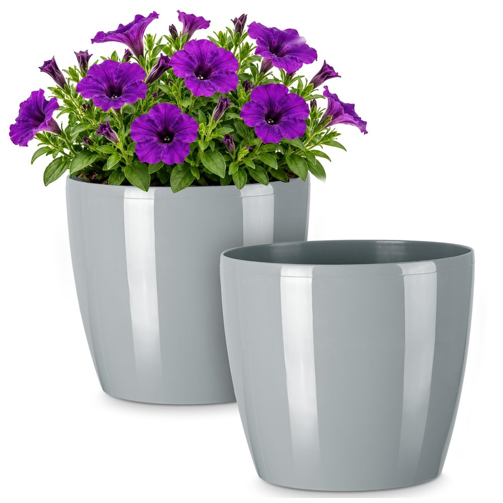 PECZEKO Glossy Flower Pots - Decorative Planters for Flowers & Herbs - Durable, Lightweight Round Plastic Plant Pots for Living Room, Dining Room, Kitchen, Terrace & Balcony - 2-Piece Set - Gray, 13 cm