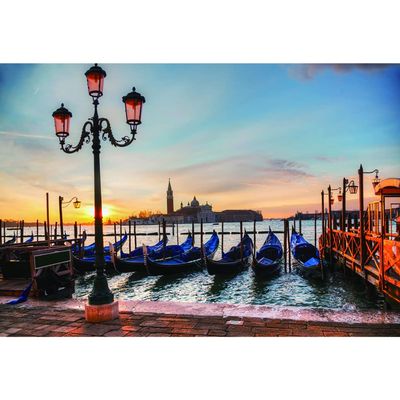 Aoihrraan 10 x 8 ft Pier Landscape Background with Water, City, Moored Boat, Vintage Street Lamp, Basilica and Sunset for Photography