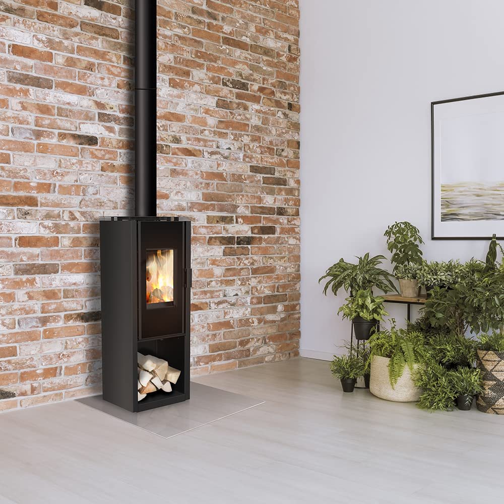 KRATKI Enyo Flat02 freestanding indoor wood-burning stove, BImSchV 2 compliant, 6 kW, 80% thermal efficiency, handleless door with storage compartment, 129 x 49 cm